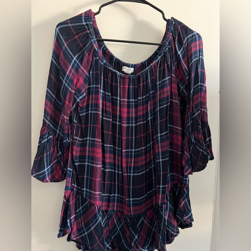 Flannel flown striped blouse, off the shoulder